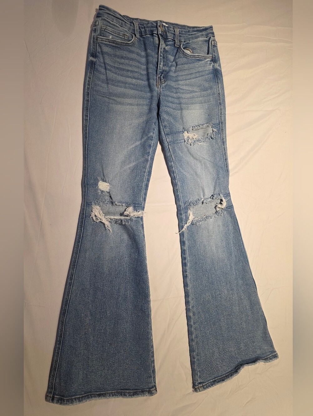 Flying Monkey Mid Rise Flare Jeans Sz 10 / 30 Distressed Knees Worn Hem 32.5"